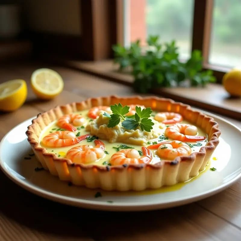 Tartaleta dorada con base de masa brisa rellena de crema de alcachofas y gambas jugosas, decorada con perejil fresco, receta cremosa y elegante.