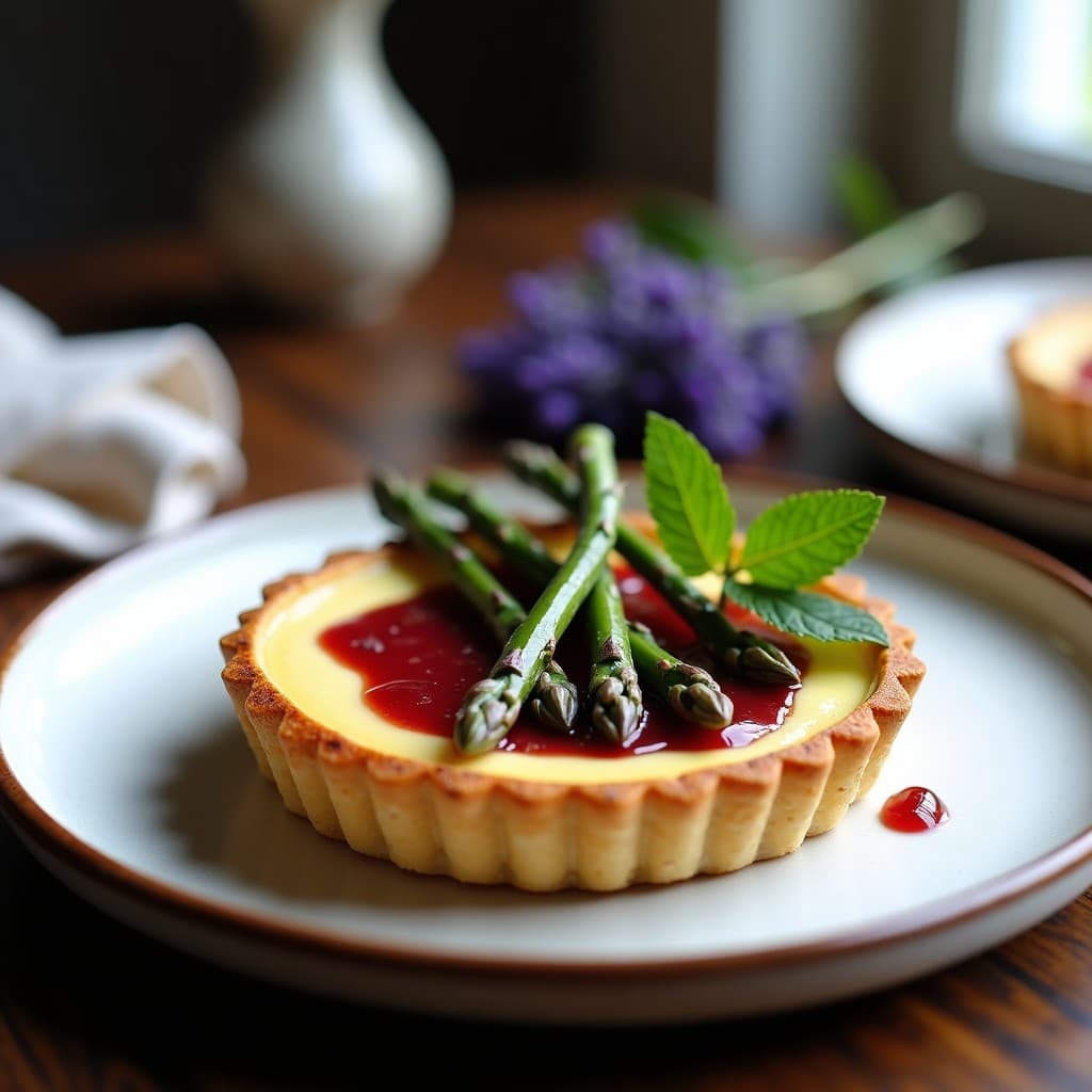 Tartaleta vegana francesa con base dorada de almendra y avena, rellena de crema de queso de albaricoque amarillento y espárragos morados en abanico, decorada con reducción brillante de vinagre de frambuesa y hojas de menta.