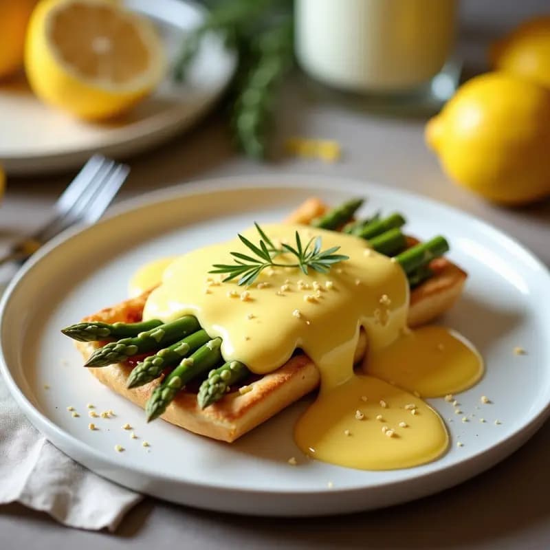 Tartaleta gourmet francesa con base dorada de hojaldre, espárragos blancos en abanico y salsa holandaise de limón cremosa, decorada con almendras fileteadas y cebollino picado.