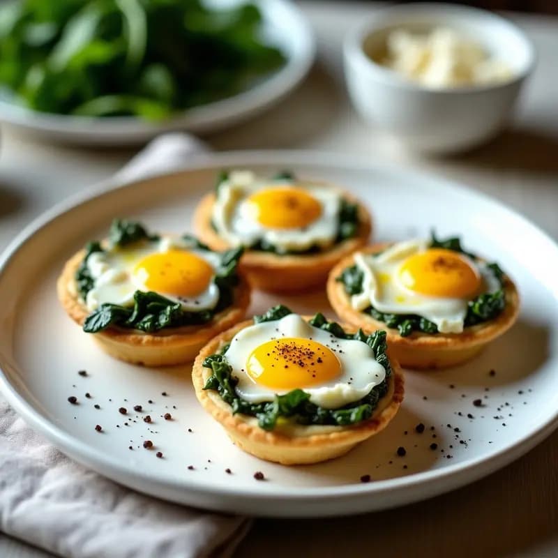 Tartaletas doradas rellenas de espinacas salteadas y queso feta desmenuzado, coronadas con un huevo al cocotte de yema líquida y decoradas con pimienta negra.