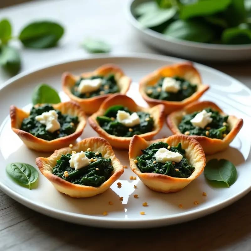 Tartaletas doradas de base crujiente rellenas de espinacas salteadas y queso feta desmenuzado, servidas en plato blanco con decoración de semillas de sésamo.