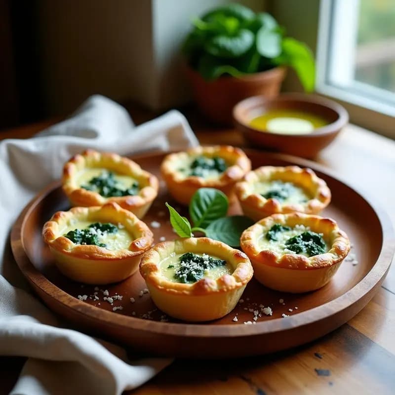 Tartaletas doradas de espinaca y ricotta al horno, con masa crujiente y relleno cremoso, servidas en un plato de madera rústico.