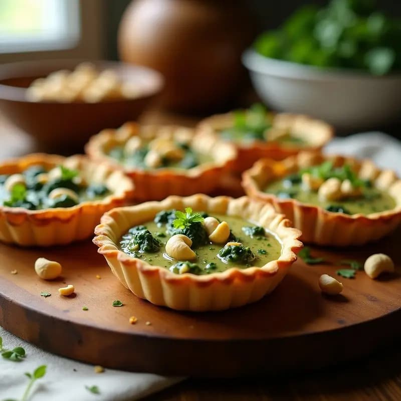 Tartaletas veganas doradas en airfryer con relleno cremoso de espinaca y tofu, decoradas con anacardos tostados sobre fondo rústico de madera.