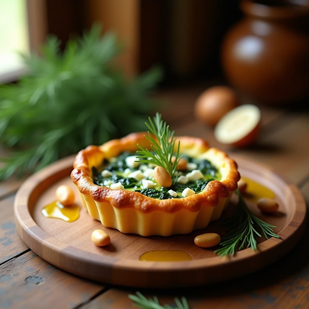 Tartaleta dorada sin masa rellena de espinacas salteadas y queso feta desmenuzado, con piñones tostados por encima, servida en molde individual sobre fondo rústico de madera.