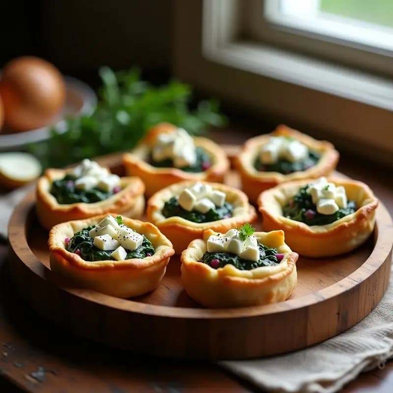 Tartaletas doradas de masa brisa integral rellenas de espinacas salteadas y queso feta desmenuzado, servidas en una bandeja de madera rústica con hierbas frescas.