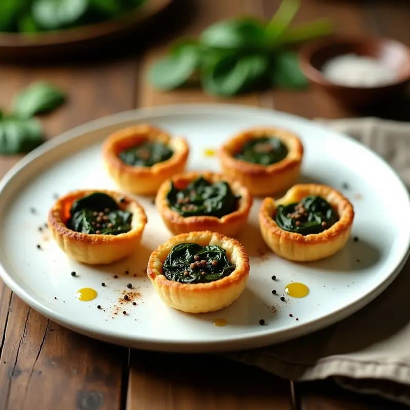 Tartaletas veganas de espinacas y portobello en molde dorado, con relleno verde oscuro y aroma a trufa, servidas en plato de cerámica blanca.