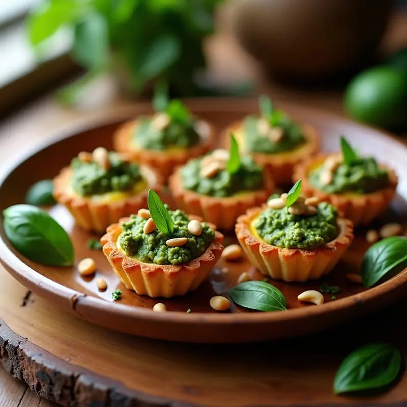 Tartaletas veganas doradas en airfryer con base de garbanzo, rellenas de espinacas salteadas y cubiertas de pesto de albahaca cremoso y piñones. Presentación rústica en plato de madera con hojas de albahaca fresca.