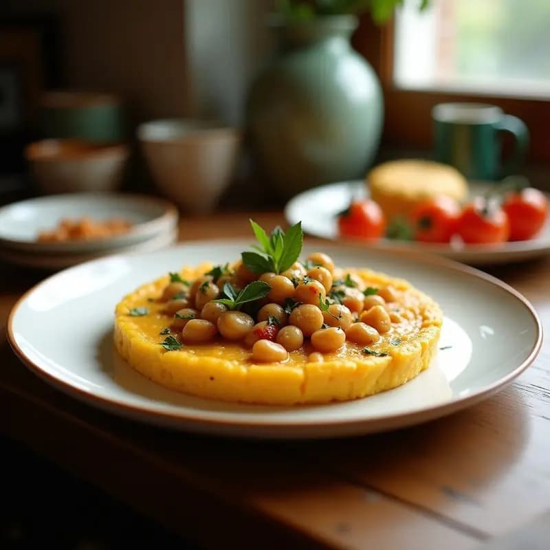 Tartaletas italianas sin gluten con base dorada de harina de garbanzo, rellenas de puré cremoso de garbanzos, rodajas de calabacín y aceitunas Taggiasche, decoradas con perejil fresco sobre fondo rústico de madera.