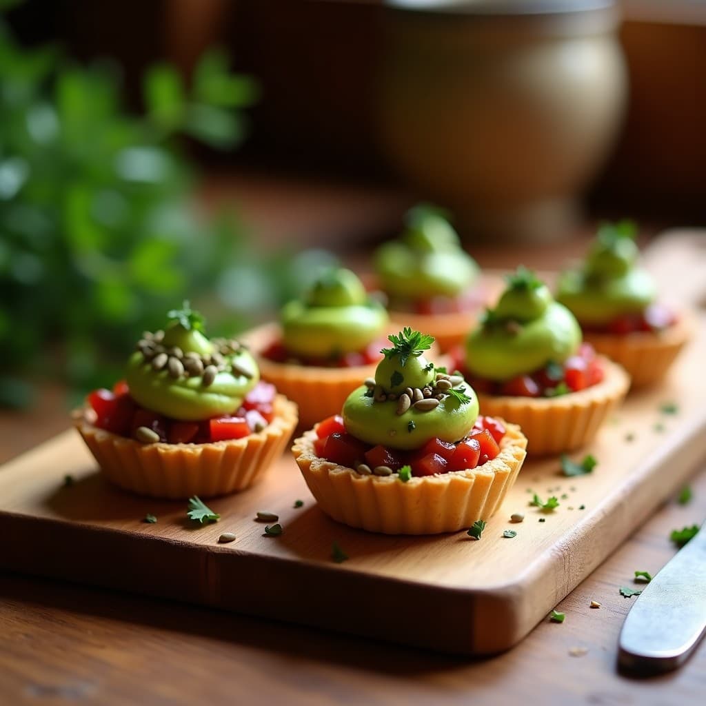 Tartaletas individuales con base dorada y crujiente de garbanzos tostados y semillas, rellenas de una capa cremosa de garbanzos con pimentón de la Vera y coronadas con crema de aguacate verde brillante, cebolla morada picada y semillas de girasol. Presentadas en bandeja de madera con fondo desenfocado, receta de aperitivo español vegano sin horno.