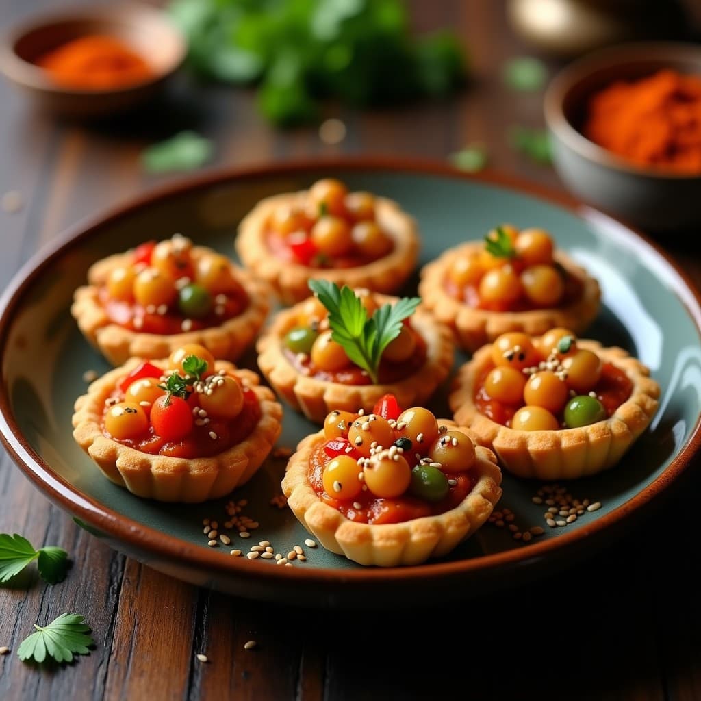 Tartaletas doradas de garbanzos con relleno cremoso de pimientos asados y pimentón ahumado, decoradas con semillas de sésamo y perejil fresco, servidas en bandeja rústica sobre fondo de madera oscura.