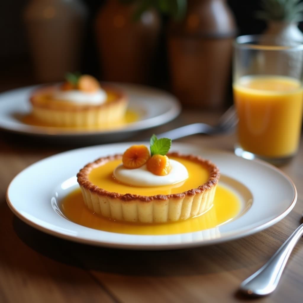 Tartaleta francesa sin gluten con base dorada de harina de almendra y crema sedosa de castañas, decorada con almendras fileteadas y cacao en polvo, sobre un plato blanco rústico.