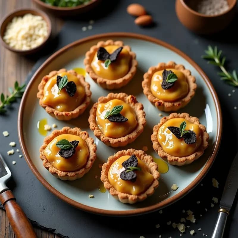 Tartaletas veganas gourmet con base dorada de harina de almendra y relleno cremoso de queso de castañas, decoradas con láminas de trufa negra y un hilo de aceite de trufa, servidas en moldes individuales sobre una mesa de madera rústica.