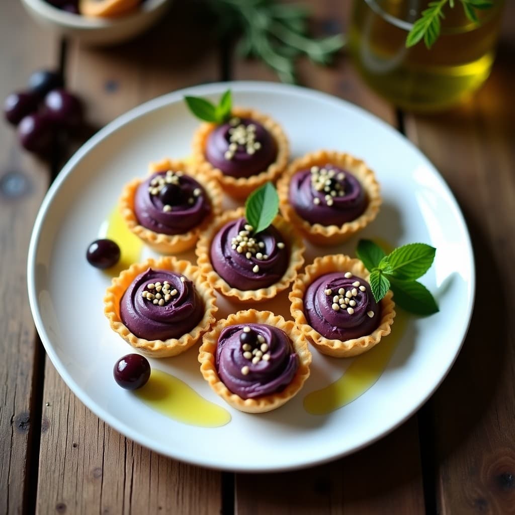 Tartaleta dorada de harina de garbanzo con relleno cremoso de mousse de aceituna Kalamata, decorada con semillas de sésamo y hojas de menta fresca. Postre salado griego sin gluten sobre fondo rústico de madera.