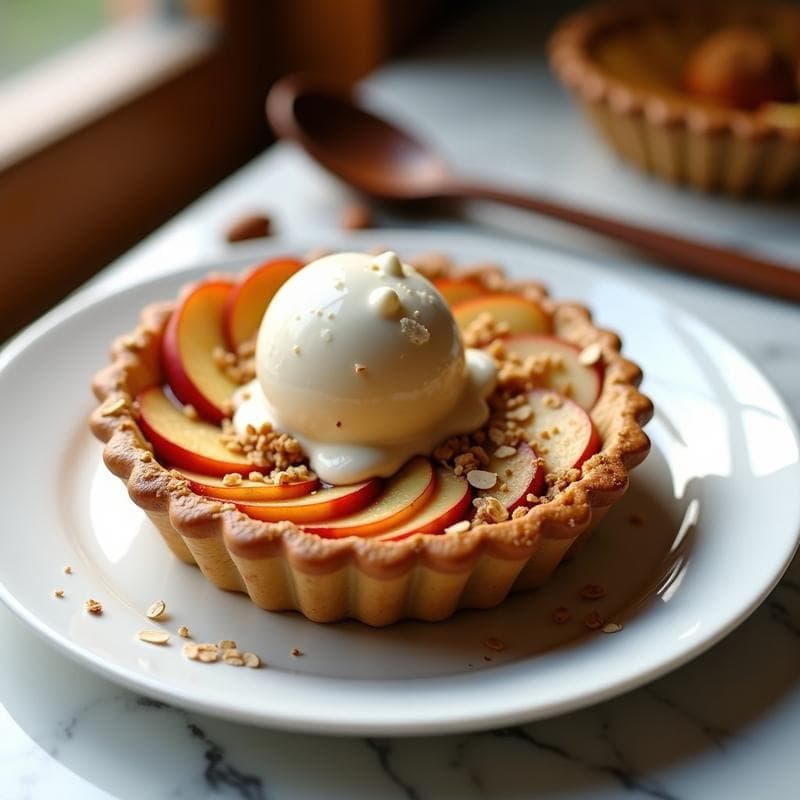 Tartaleta de hasselback de manzana vegana en molde individual dorado, con láminas de manzana perfectamente cortadas y rellenas de mezcla de avena y almendras, servida con una bola de helado de vainilla vegano en el centro y almendras fileteadas tostadas por encima.