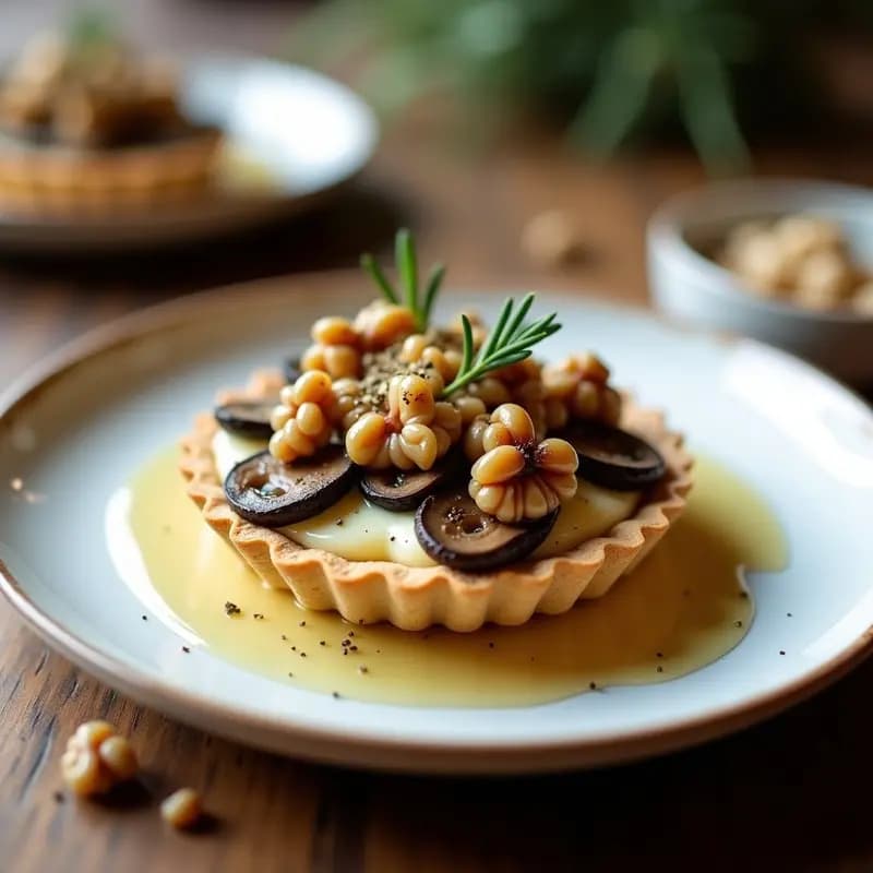 Tartaleta individual con base dorada de galleta de avena, rellena de láminas jugosas de hongos portobello, queso de cabra desmenuzado fundido, nueces picadas y un hilo de miel brillante, servida en plato blanco sobre fondo rústico.