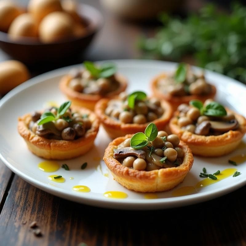 Tartaletas doradas y crujientes rellenas de hongos shiitake salteados y queso de castañas, servidas en un plato de madera con fondo rústico. Receta de aperitivo francés sin lactosa en airfryer.