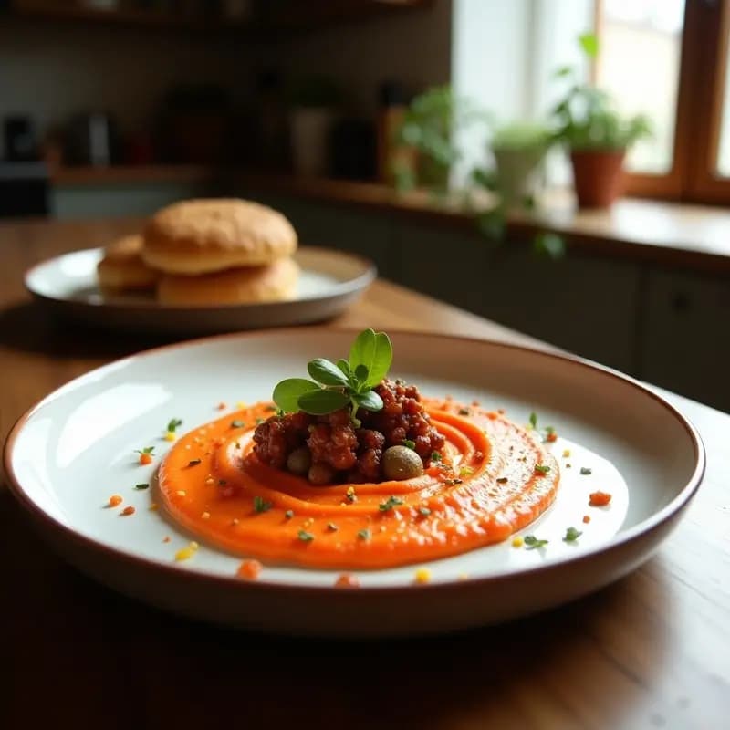 Tartaletas de hojaldre dorado rellenas de hummus cremoso de lentejas rojas, coronadas con crujiente de insectos tostados y semillas de sésamo, decoradas con perejil fresco. Plato de aperitivo proteico y sostenible.