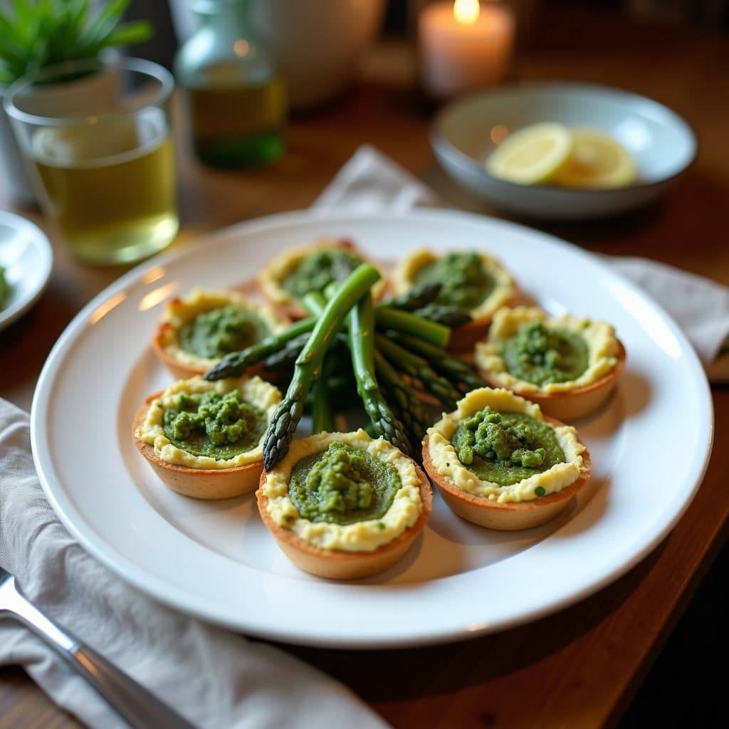 Tartaleta vegana sin horno con base crujiente de semillas de sésamo y lino, rellena de hummus cremoso y pesto verde de espárragos, decorada con tomates cherry, menta y pimentón ahumado. Aperitivo mediterráneo fresco y colorido.