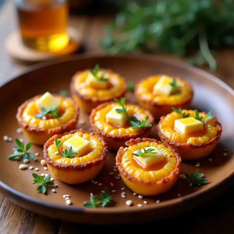Tartaletas doradas de maíz con cubos de queso halloumi tostado, bañadas en miel de tomillo y decoradas con semillas de sésamo y hojas frescas de tomillo, servidas en un plato de madera rústico.