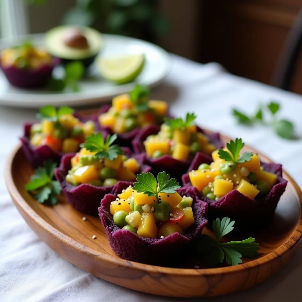 Tartaletas doradas de maíz morado rellenas de ceviche de palta y tomate amarillo, decoradas con semillas de sésamo y cilantro fresco sobre un plato de madera rústica.