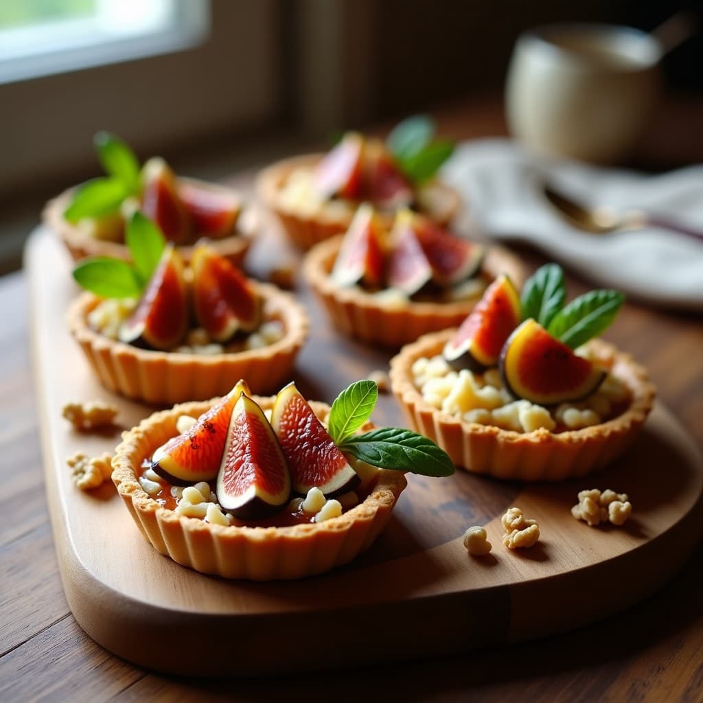 Tartaletas doradas de masa de almendra rellenas de crema de queso de oveja y láminas de higo fresco, decoradas con almendras fileteadas y un toque de miel. Postre francés sin gluten elegante y sofisticado.