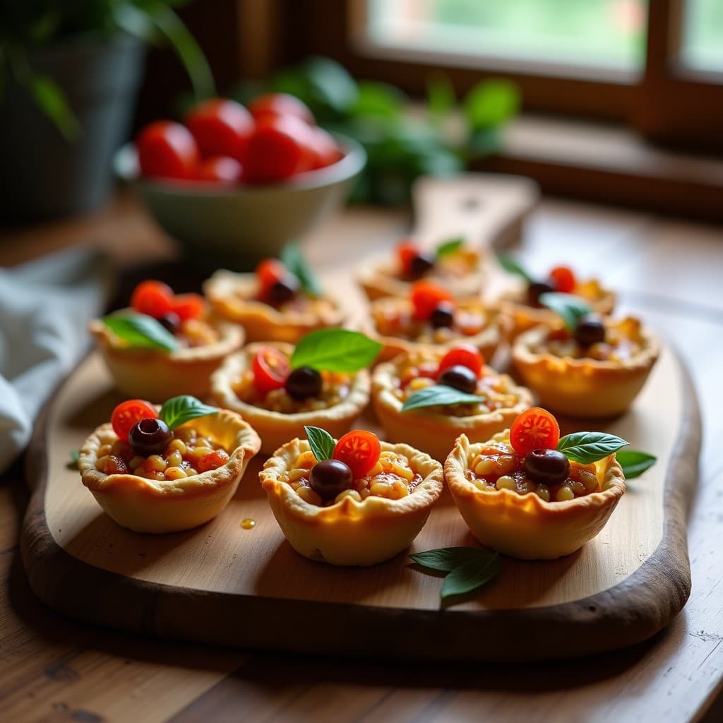 Tartaletas keto de masa de almendra dorada con relleno cremoso de tomate seco y aceitunas kalamata, decoradas con hierbas frescas, servidas en bandeja de madera rústica.