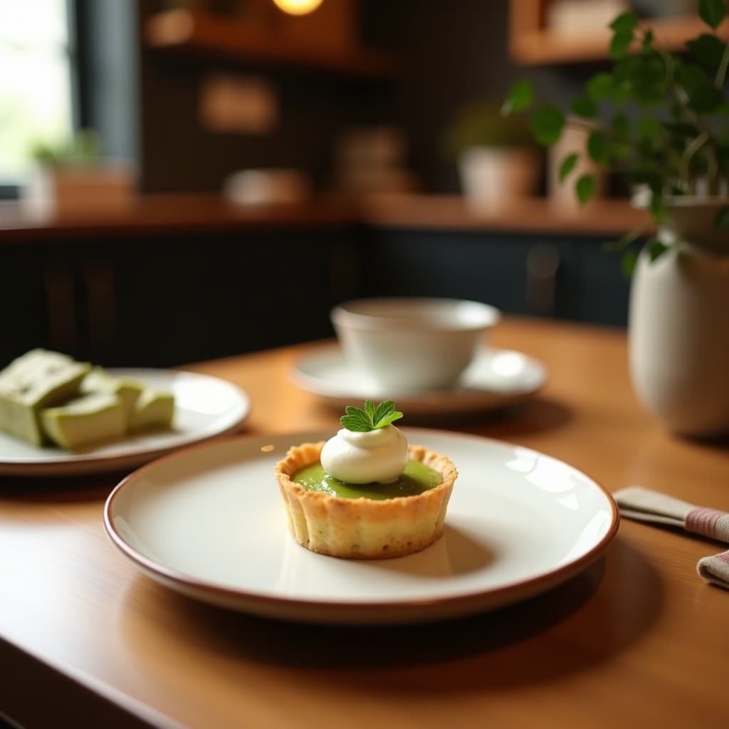 Tartaleta keto de base dorada de coco y matcha, rellena de crema verde suave de wasabi, decorada con ralladura de coco tostado y polvo de matcha en superficie.