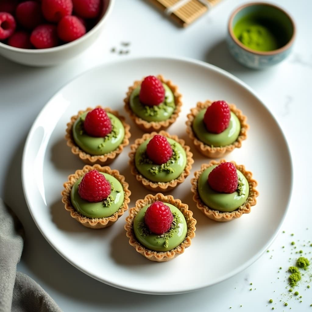 Tartaleta keto sin horno con base dorada de almendra y sésamo, rellena de crema verde de matcha y coronada con frambuesas frescas y semillas de chía. Postre saludable y elegante con superalimentos japoneses.