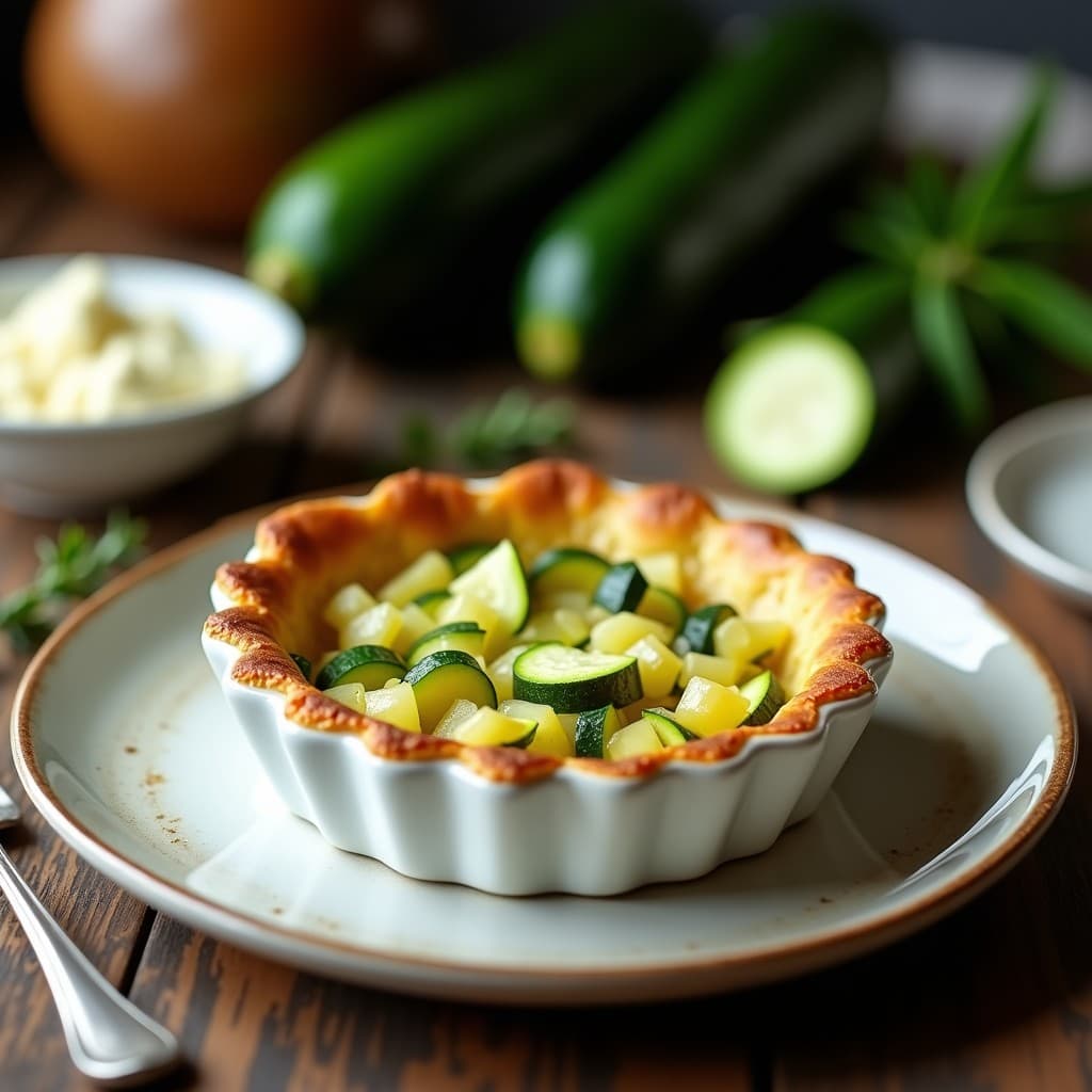 Tartaleta individual de mijo dorado con relleno de calabacín salteado y queso de cabra gratinado, servida en molde de silicona sobre tabla de madera rústica, receta sin gluten y rápida.
