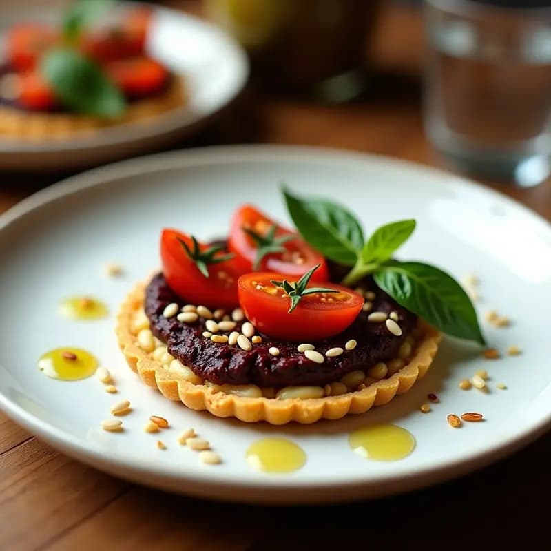 Tartaleta dorada de mijo con base crujiente, cubierta de pesto cremoso de aceitunas Kalamata negras, decorada con tiras de tomates secos rojos y semillas de sésamo tostadas. Acompañada de hojas de albahaca fresca sobre un plato de cerámica blanca con fondo rústico de madera. Receta de aperitivo griego keto.
