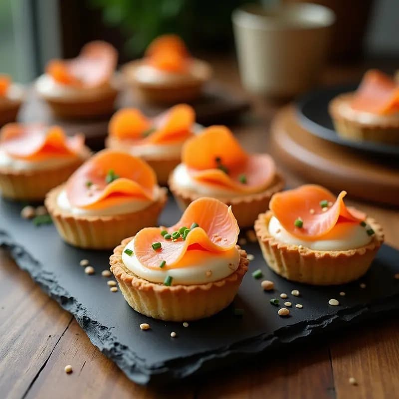 Tartaletas de hojaldre dorado rellenas de crema de queso y miso blanco, coronadas con láminas de salmón ahumado, sésamo tostado y cebollino fresco, servidas en una bandeja de madera oscura.