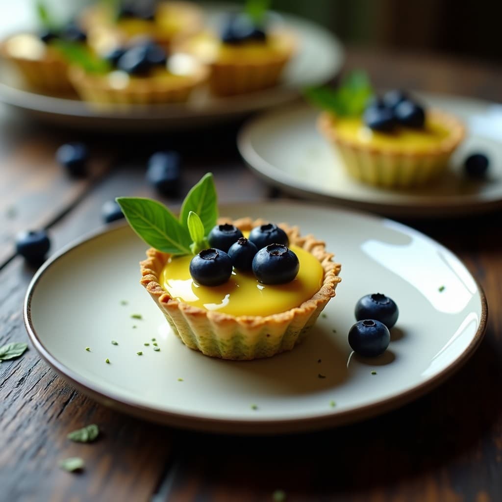 Tartaleta vegana francesa con base dorada de pistacho tostado, rellena de crema de limón amarilla sedosa y decorada con arándanos frescos brillantes, servida en molde metálico sobre fondo rústico de madera oscura.
