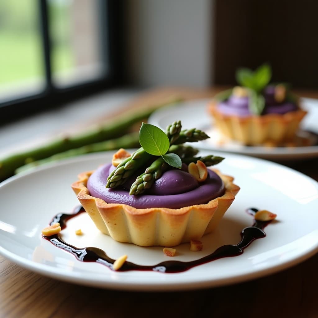 Tartaleta individual con base dorada de pistacho y crema suave de espárragos morados, decorada con puntas de espárragos cocidos. Plato elegante y sin gluten, típico de la cocina francesa casera.