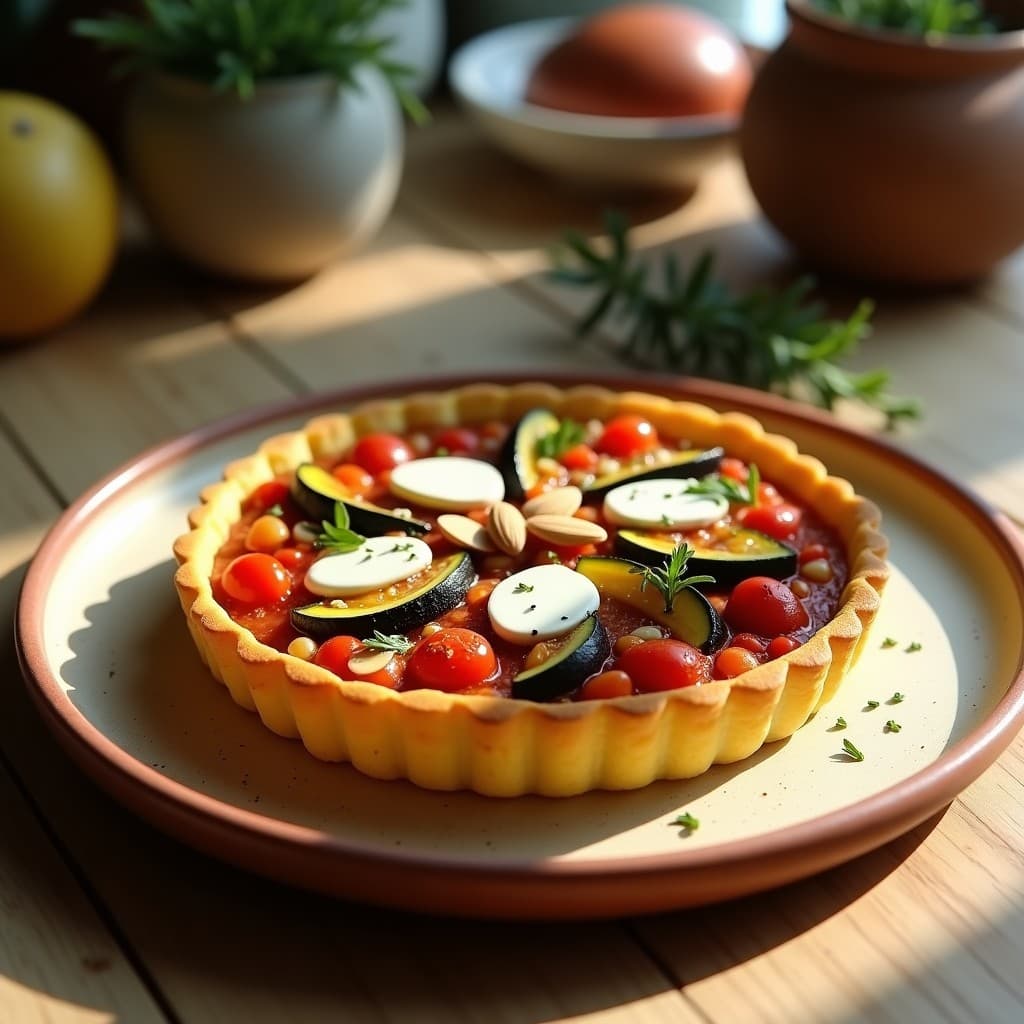 Tartaleta provenzal sin gluten con base dorada de polenta, rellena de ratatouille colorido de berenjena, calabacín y pimiento, coronada con queso de cabra desmenuzado y almendras fileteadas, servida en plato rústico con hierbas frescas.