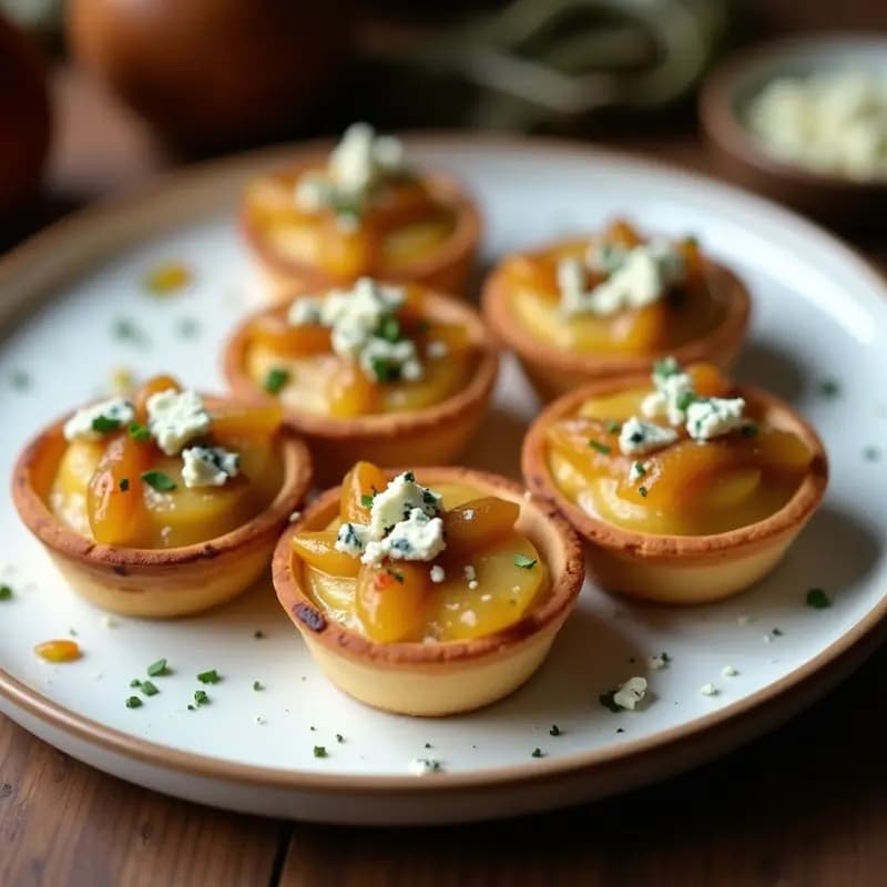 Tartaletas individuales doradas con base de castañas, rellenas de puerro caramelizado y crema de queso azul, servidas en plato blanco rústico sobre fondo de madera clara.
