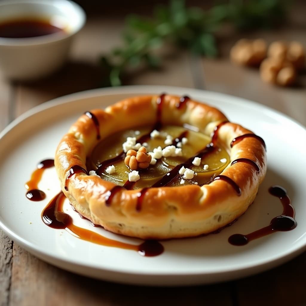 Tartaleta de hojaldre dorado rellena de puerro asado caramelizado y queso de cabra desmenuzado, con reducción de vinagre balsámico brillante y nueces picadas, servida en plato blanco sobre fondo rústico.