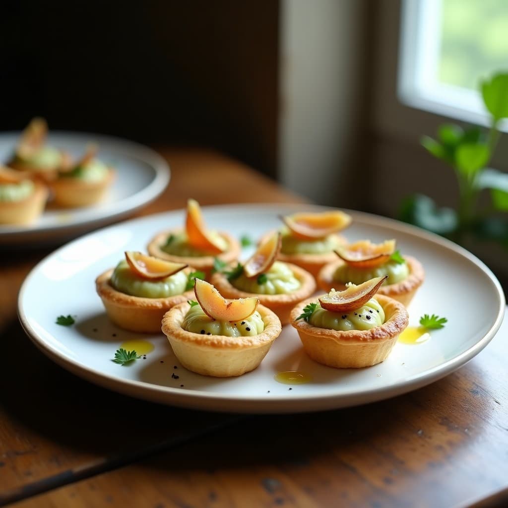 Tartaletas doradas de pan de almendra rellenas de puré de alcachofa cremoso, coronadas con filetes de anchoa en abanico, queso parmesano rallado y semillas de sésamo, servidas en plato blanco sobre fondo rústico. Receta de entrante francés sin gluten en airfryer.