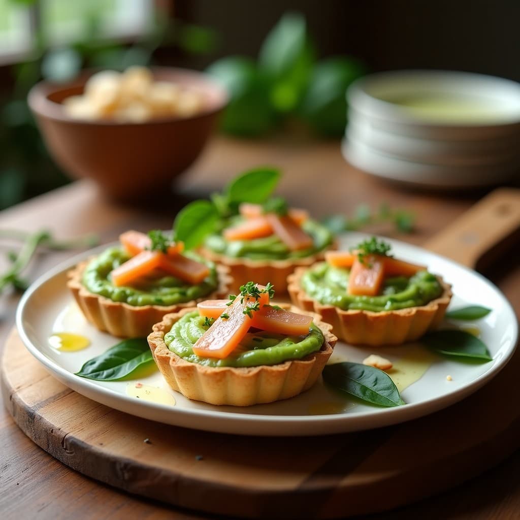 Tartaleta keto italiana con base dorada de harina de almendra, rellena de puré de guisantes cremoso, filetes de anchoas y decorada con vinagreta de limón, cebollino, albahaca y almendras fileteadas tostadas.