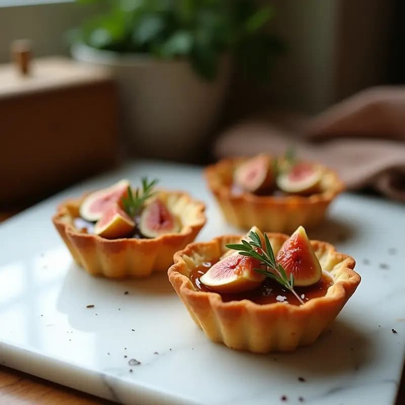 Tartaleta francesa sin gluten con base dorada de almendras crujientes, rellena de queso de cabra cremoso y coronada con higos frescos caramelizados en sirope de miel de romero y vinagre balsámico, decorada con tomillo.