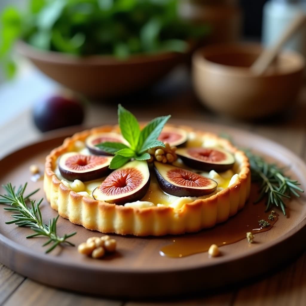 Tartaleta dorada de masa quebrada rellena de queso de cabra cremoso, trozos de higueras frescas y nueces picadas, bañada con miel de tomillo brillante. Plato rústico con fondo de madera y hierbas frescas.