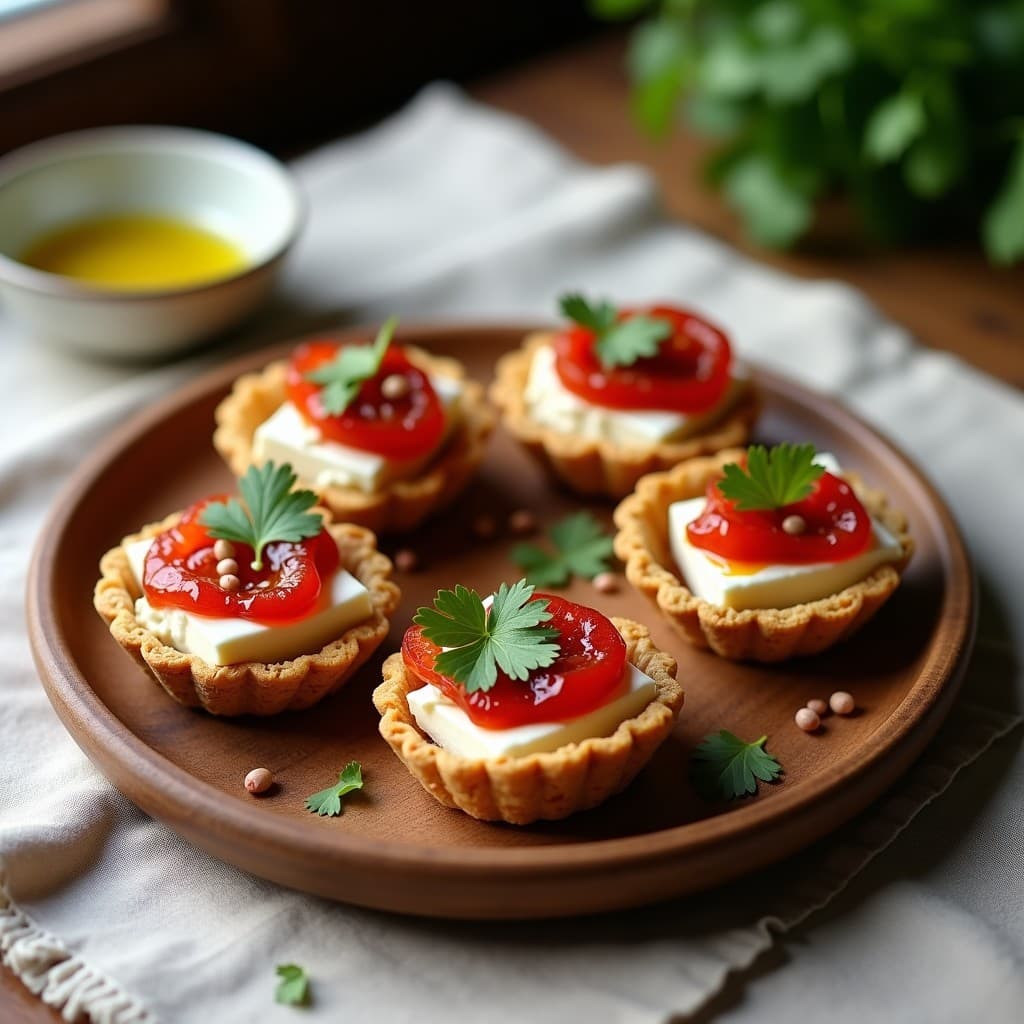 Tartaletas individuales sin horno con base dorada de semillas de girasol y amapola, rellenas de queso de cabra blanco cremoso y mermelada de tomate brillante, decoradas con cilantro verde fresco y pimienta rosa, dispuestas en bandeja de madera rústica.