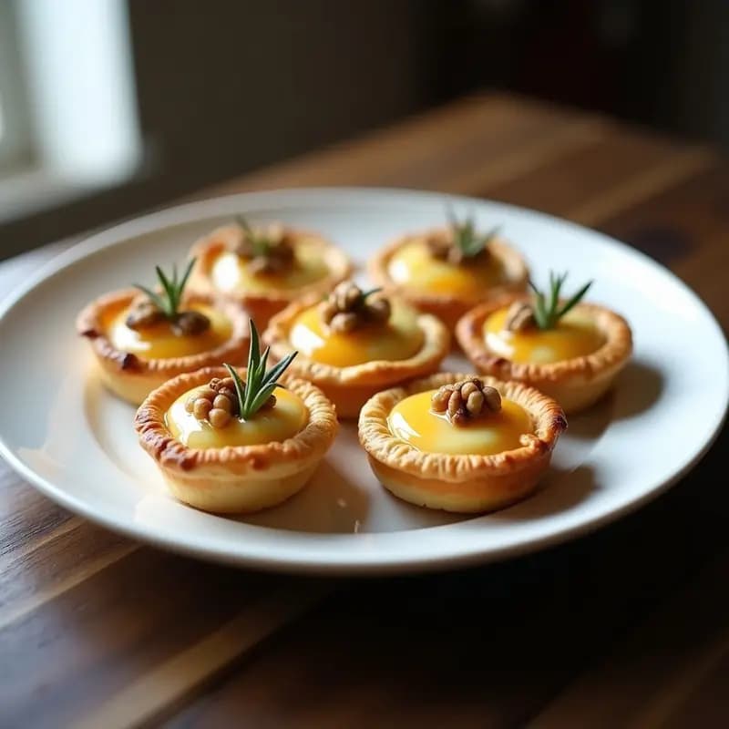 Tartaletas doradas de masa brisa sin gluten rellenas de queso de cabra cremoso y romero fresco, con un hilo de miel de lavanda y nueces picadas. Presentadas en un plato de cerámica blanca sobre un fondo rústico de madera.