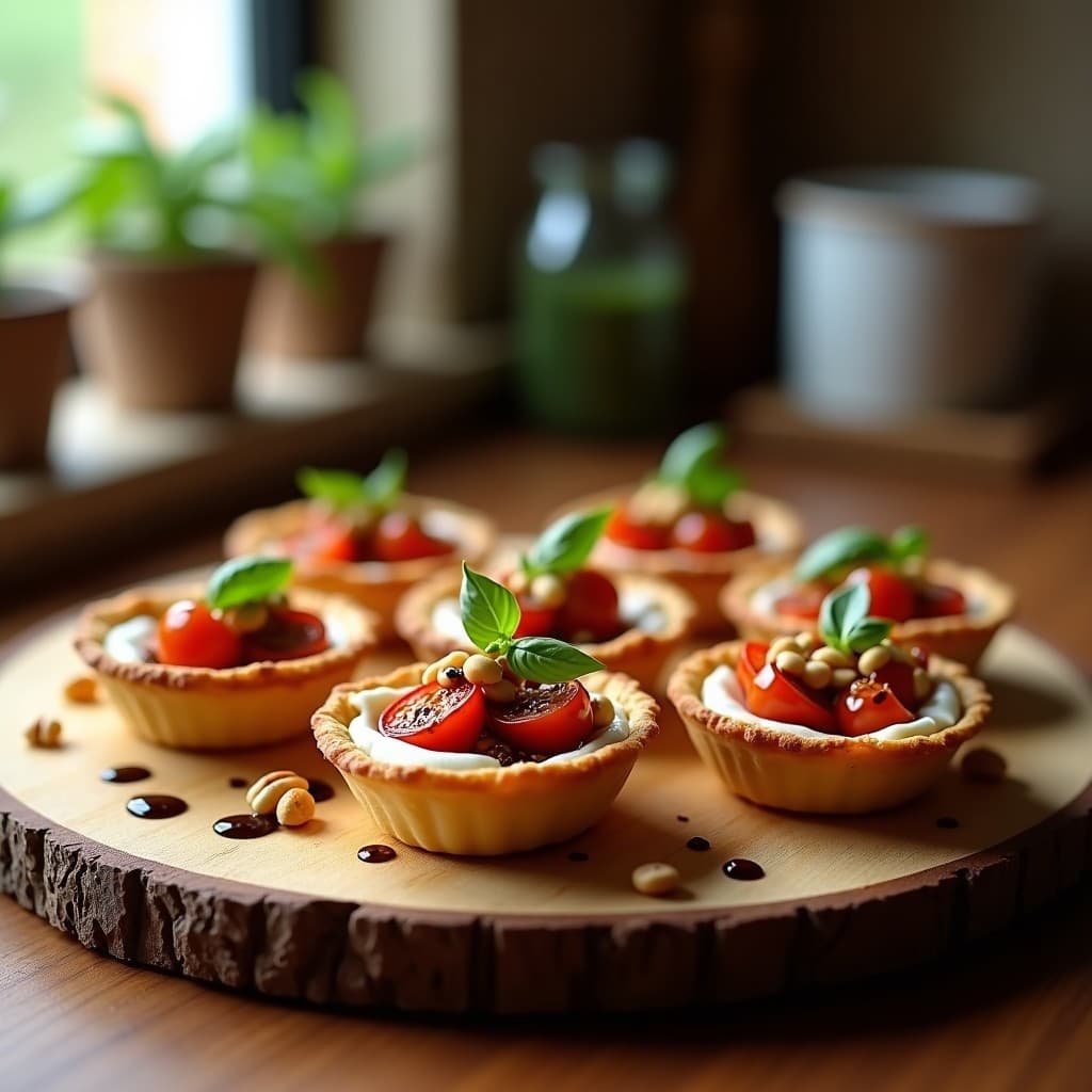 Tartaleta dorada de masa de almendra rellena de queso de cabra cremoso y tomates secos en aceite, decorada con albahaca fresca sobre fondo de madera rústica.