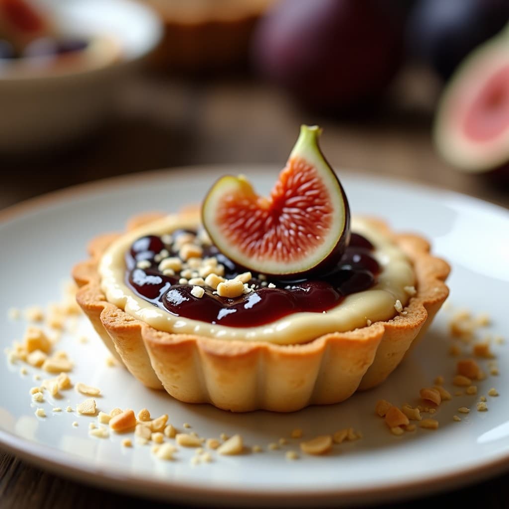 Tartaleta francesa sin lácteos con base dorada de almendra y coco, rellena de crema suave de queso de castañas y coronada con mermelada de higos especiada con cardamomo, servida en molde individual sobre plato blanco rústico.