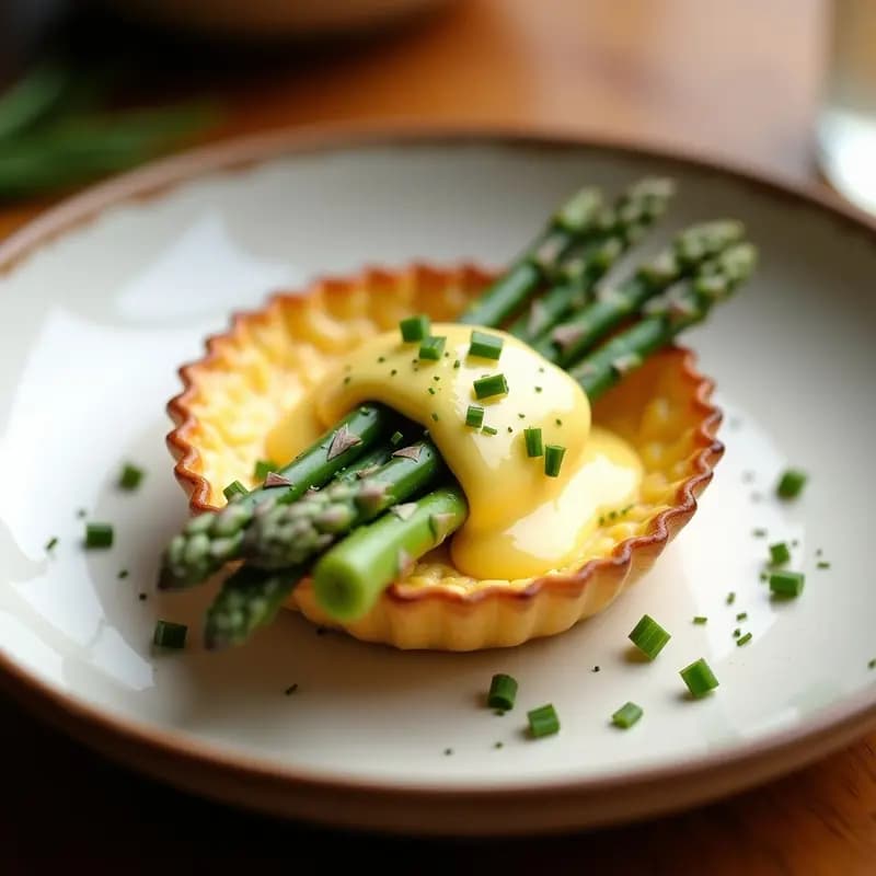 Tartaletas individuales doradas de masa de queso con relleno de espárragos blancos en trozos, bañadas con salsa holandesa ligera amarilla brillante, decoradas con puntas de espárrago y cebollino picado, servidas en plato blanco sobre fondo rústico de madera.