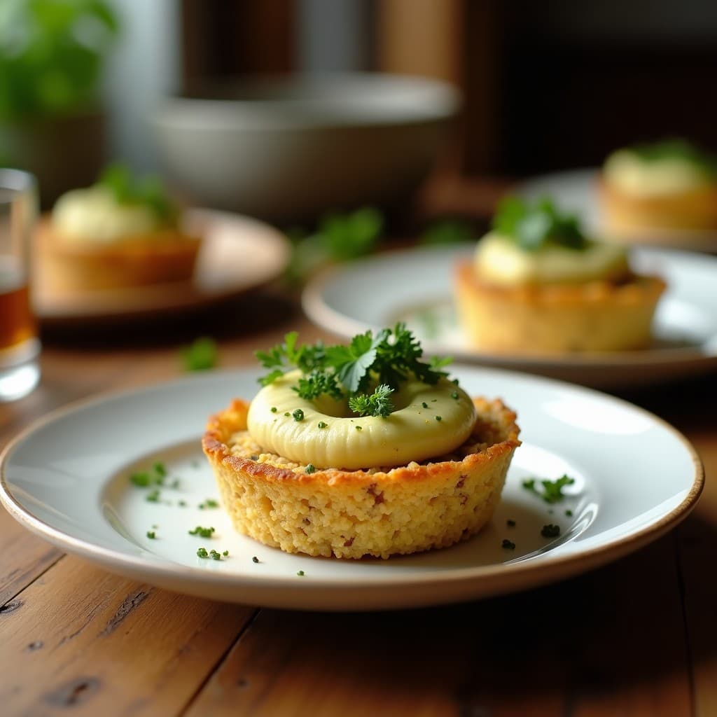 Tartaleta dorada de quinoa crujiente rellena de puré cremoso de alcachofa, decorada con almendras fileteadas y una hoja de romero. Plato de aperitivo mediterráneo sin gluten hecho en airfryer.
