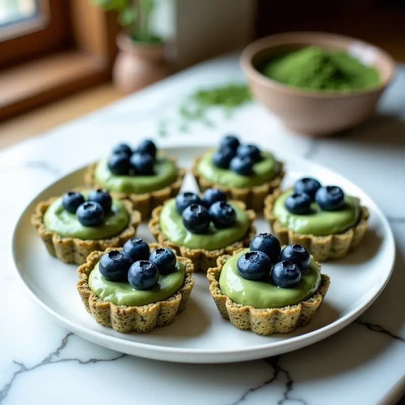 Tartaleta vegana sin horno con base crujiente de quinoa inflada y algas espirulina, rellena de crema de anacardos y chía, decorada con arándanos frescos. Postre saludable y alto en proteína.