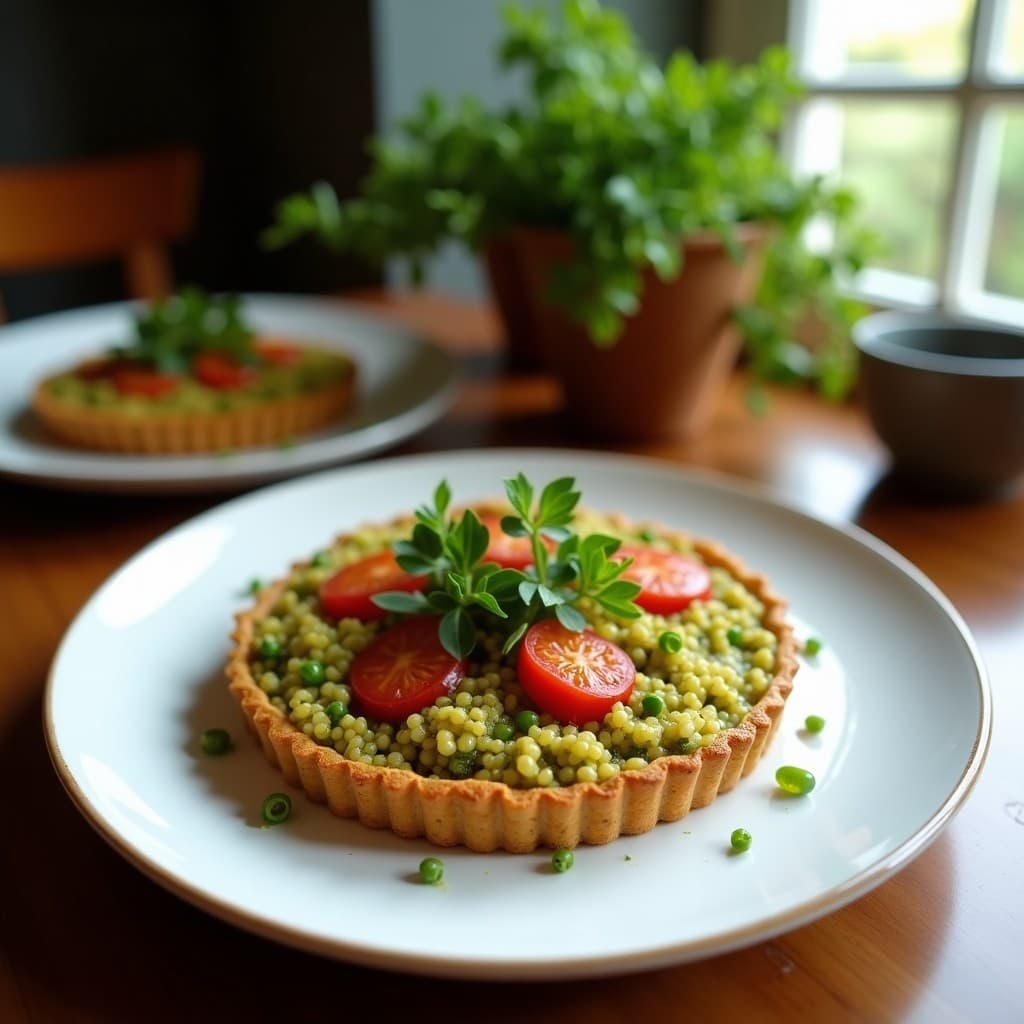 Tartaleta vegana en Thermomix con base crujiente de quinoa y garbanzos, rodaja de berenjena asada dorada y pesto de rúcula cremoso, decorada con semillas de sésamo y hojas de rúcula fresca.