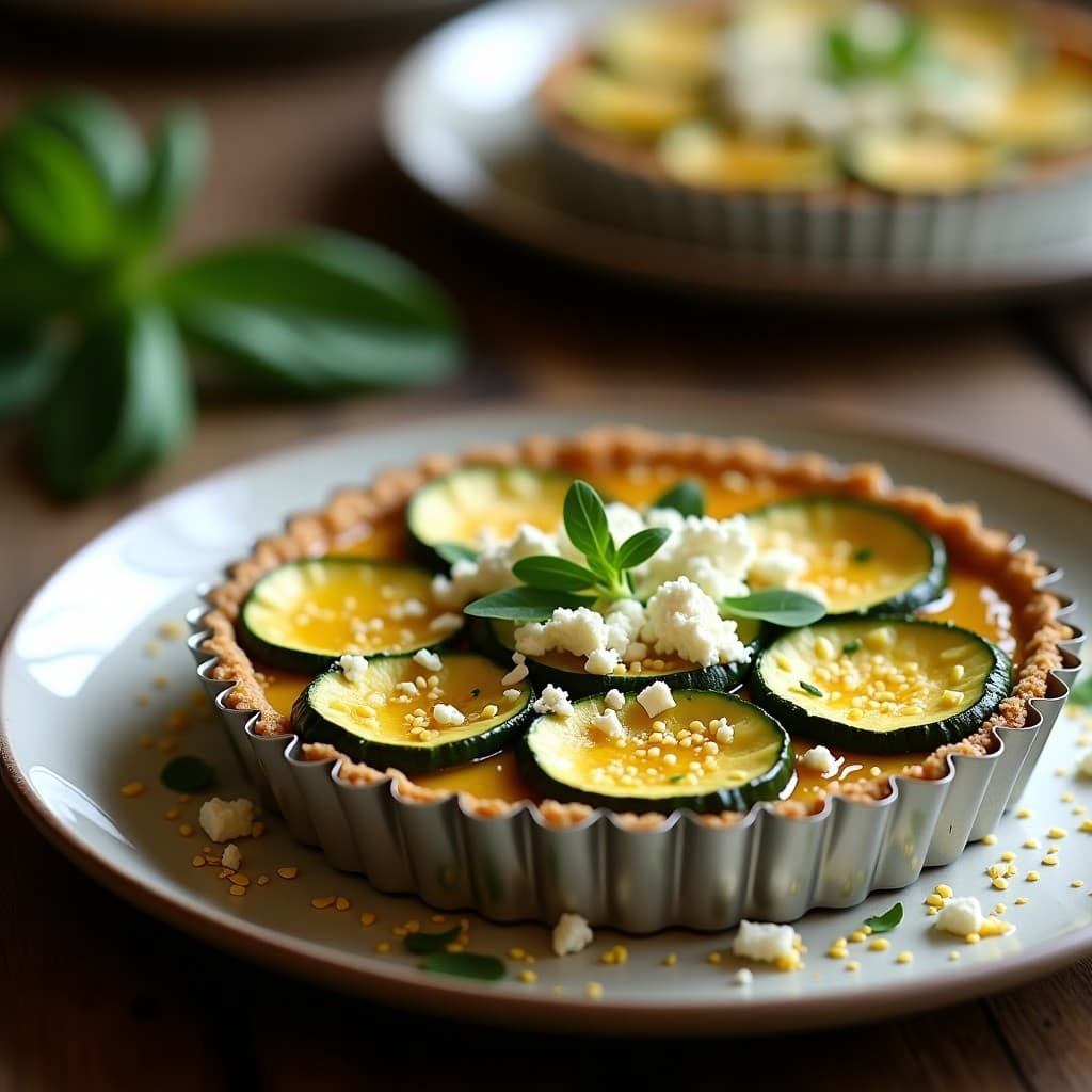 Tartaleta dorada de quinoa inflada con base crujiente, rellena de rodajas de calabacín asado y queso feta desmenuzado mezclado con perejil y semillas de sésamo, servida en molde individual sobre fondo rústico de madera.