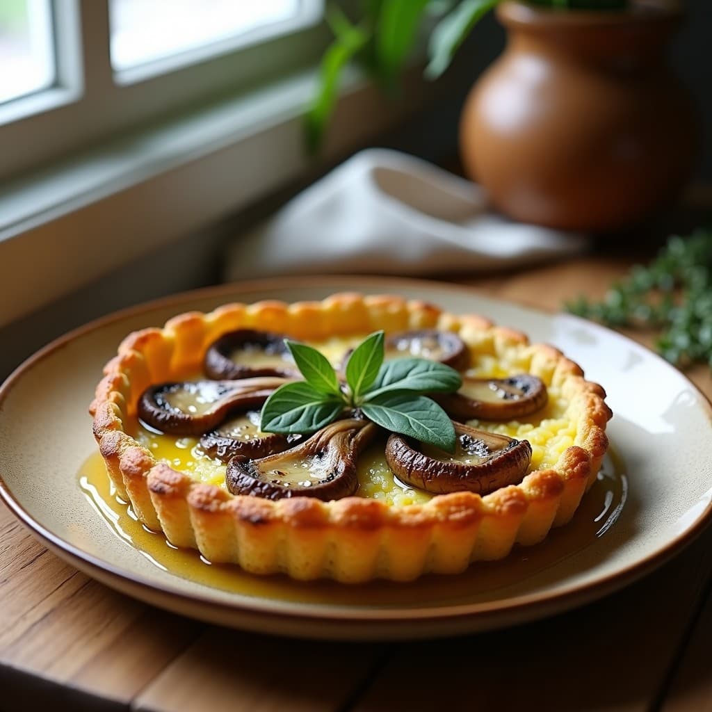 Tartaleta dorada de quinoa rellena de champiñones portobello en láminas, con acabado gratinado y decorada con hojas de tomillo fresco sobre fondo rústico de madera.